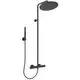Duschsystem von Ideal Standard mit einer großen Kopfbrause und einer Handbrause in schwarzem Finish, montiert an einer Wand.